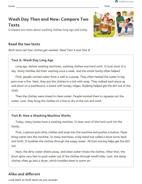 Wash Day Then and Now: Compare Two Texts worksheet preview