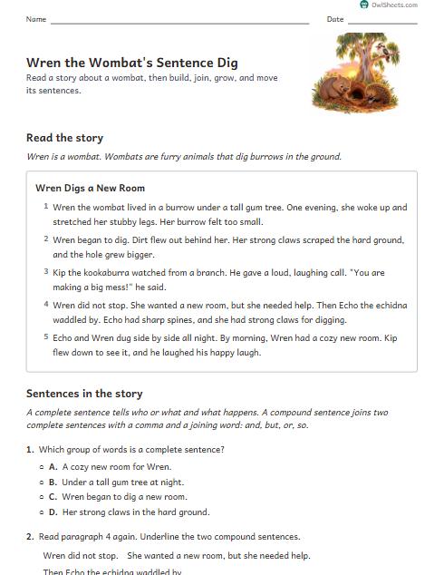 Wren the Wombat's Sentence Dig worksheet preview