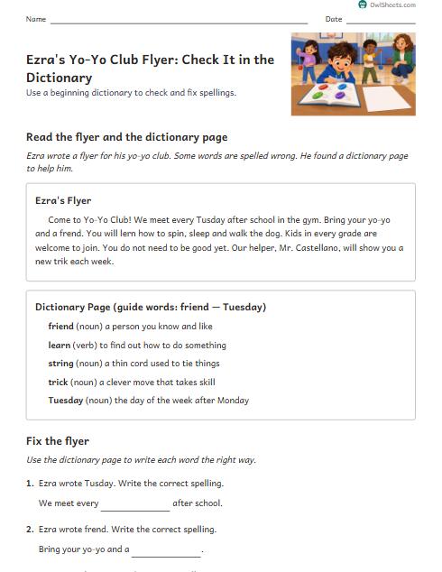 Ezra's Yo-Yo Club Flyer: Check It in the Dictionary worksheet preview