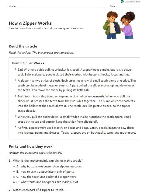 How a Zipper Works worksheet preview