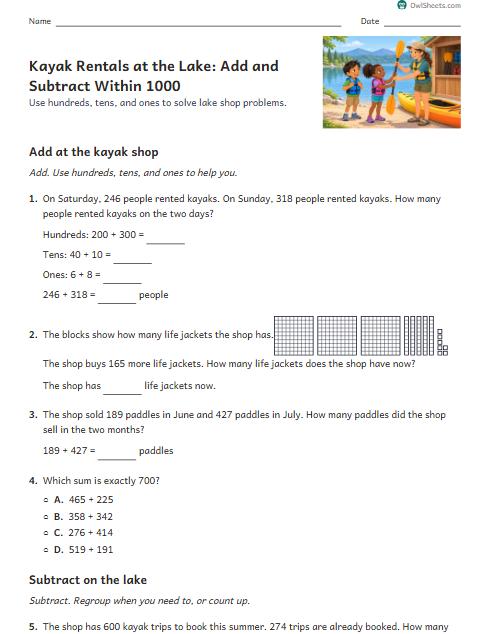 Kayak Rentals at the Lake: Add and Subtract Within 1000 worksheet preview