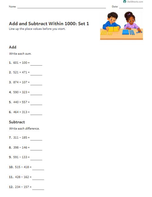 Add and Subtract Within 1000: Set 1 worksheet preview