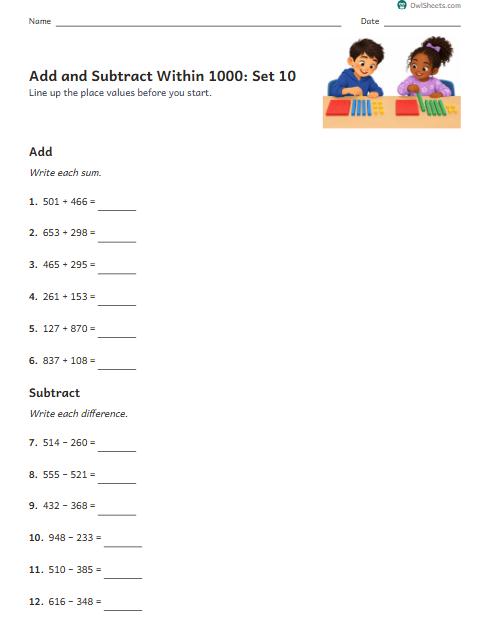 Add and Subtract Within 1000: Set 10 worksheet preview