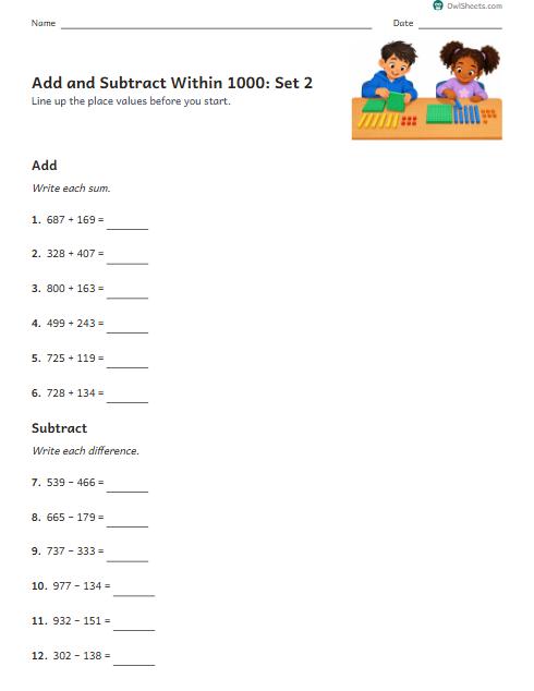Add and Subtract Within 1000: Set 2 worksheet preview