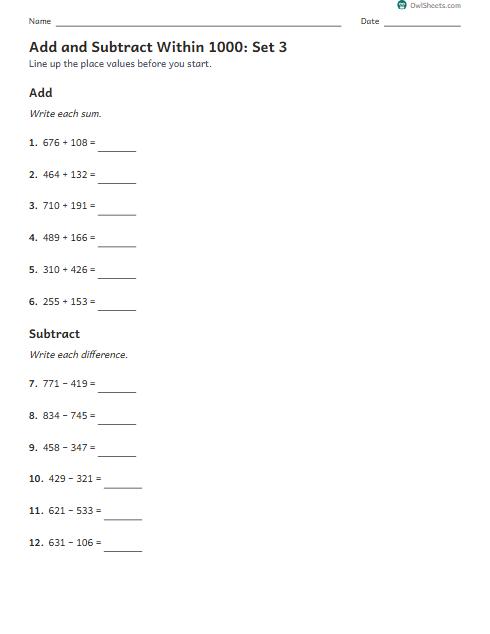 Add and Subtract Within 1000: Set 3 worksheet preview