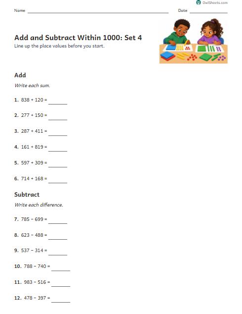 Add and Subtract Within 1000: Set 4 worksheet preview