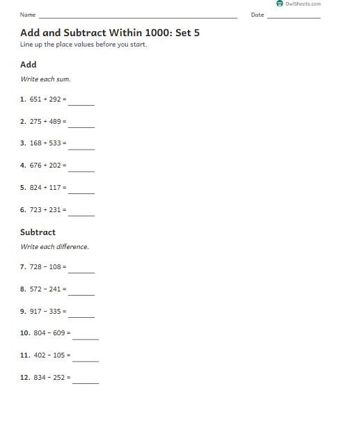 Add and Subtract Within 1000: Set 5 worksheet preview