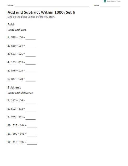 Add and Subtract Within 1000: Set 6 worksheet preview
