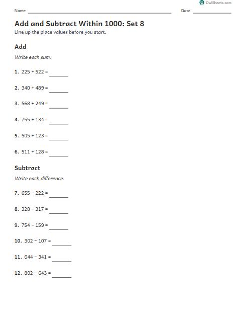 Add and Subtract Within 1000: Set 8 worksheet preview