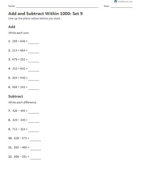 Add and Subtract Within 1000: Set 9 worksheet preview