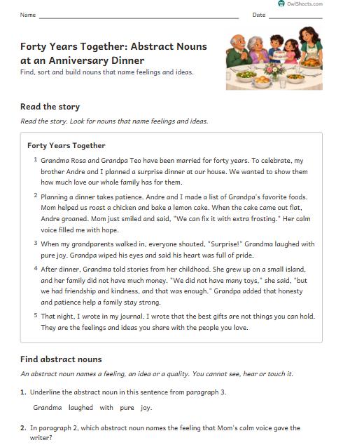 Forty Years Together: Abstract Nouns at an Anniversary Dinner worksheet preview