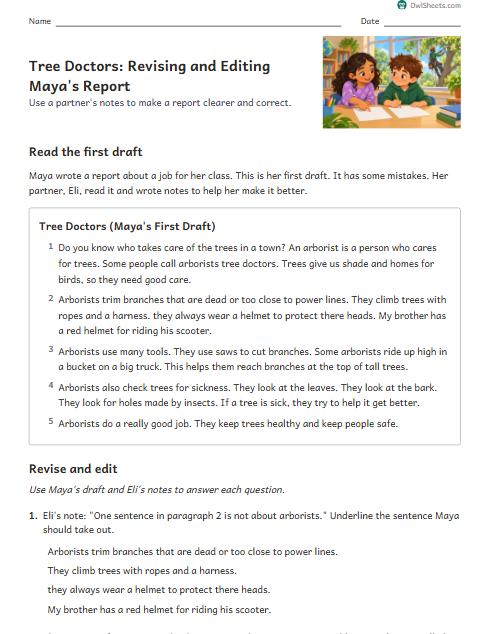 Tree Doctors: Revising and Editing Maya's Report worksheet preview