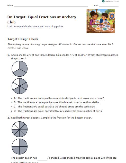 On Target: Equal Fractions at Archery Club worksheet preview