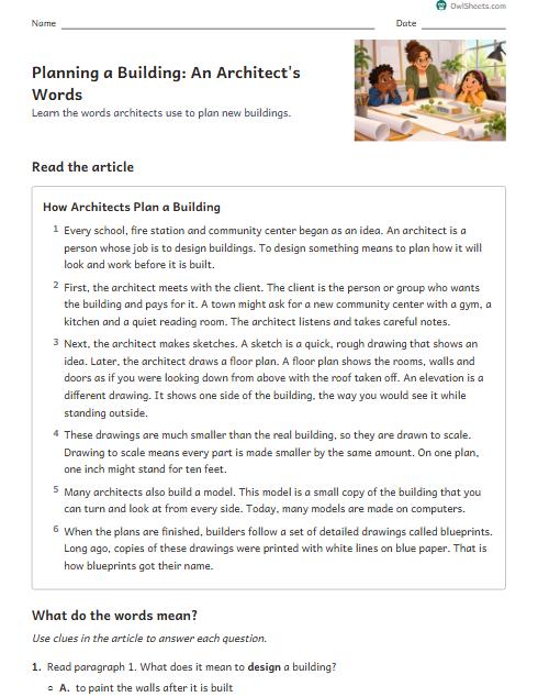 Planning a Building: An Architect's Words worksheet preview