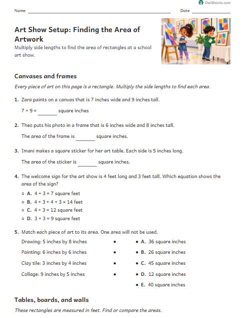 Art Show Setup: Finding the Area of Artwork worksheet preview
