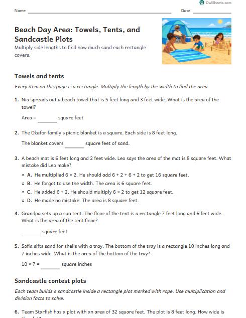 Beach Day Area: Towels, Tents, and Sandcastle Plots worksheet preview