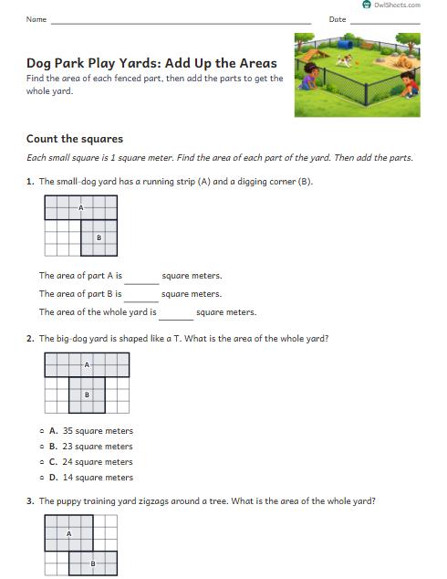 Dog Park Play Yards: Add Up the Areas worksheet preview