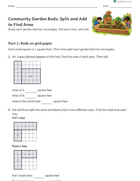 Community Garden Beds: Split and Add to Find Area worksheet preview