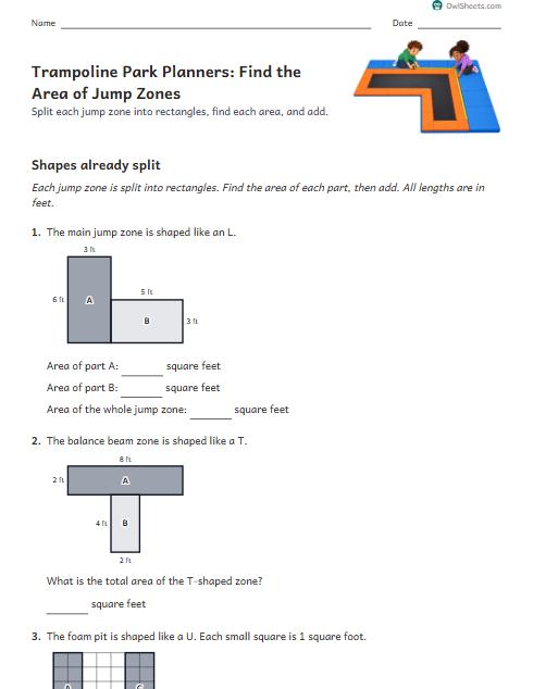 Trampoline Park Planners: Find the Area of Jump Zones worksheet preview