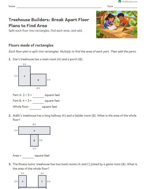 Treehouse Builders: Break Apart Floor Plans to Find Area worksheet preview