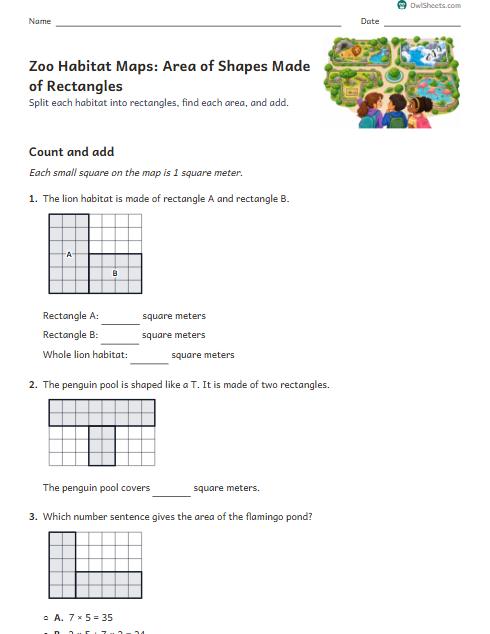 Zoo Habitat Maps: Area of Shapes Made of Rectangles worksheet preview