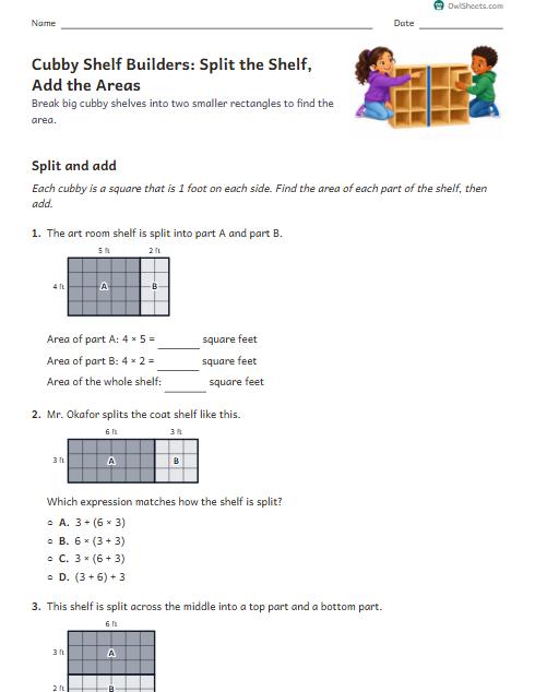Cubby Shelf Builders: Split the Shelf, Add the Areas worksheet preview