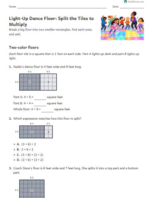 Light-Up Dance Floor: Split the Tiles to Multiply worksheet preview