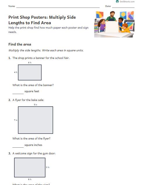 Print Shop Posters: Multiply Side Lengths to Find Area worksheet preview