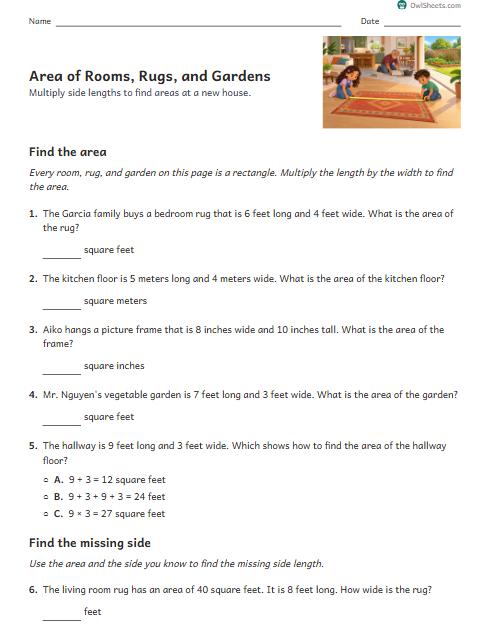 Area of Rooms, Rugs, and Gardens worksheet preview