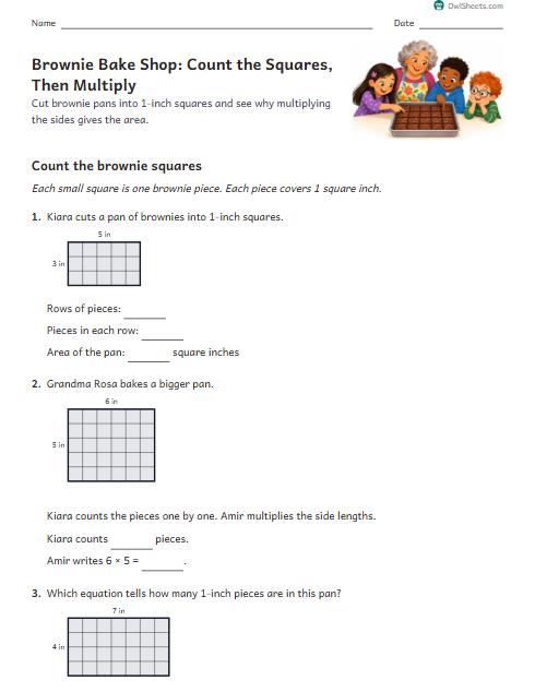 Brownie Bake Shop: Count the Squares, Then Multiply worksheet preview