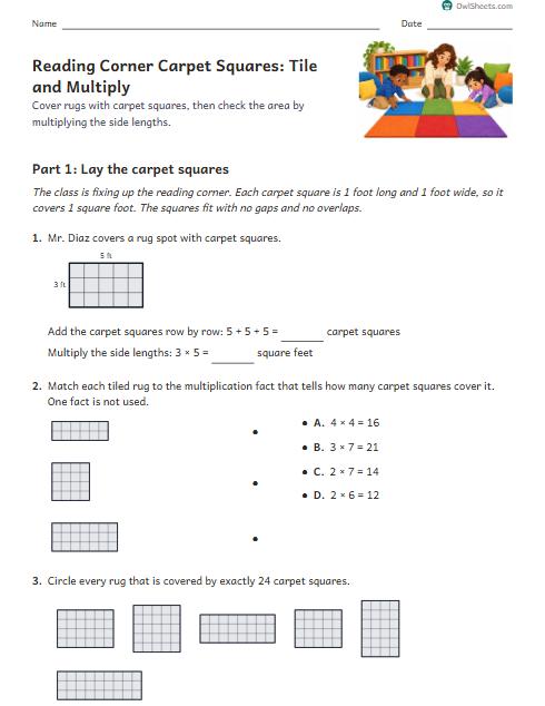 Reading Corner Carpet Squares: Tile and Multiply worksheet preview