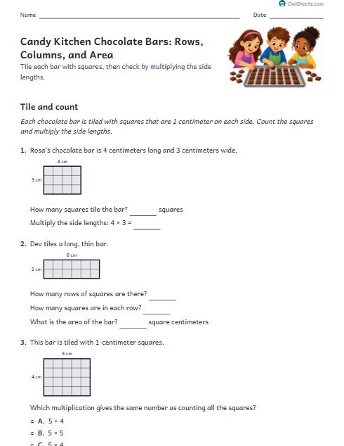 Candy Kitchen Chocolate Bars: Rows, Columns, and Area worksheet preview