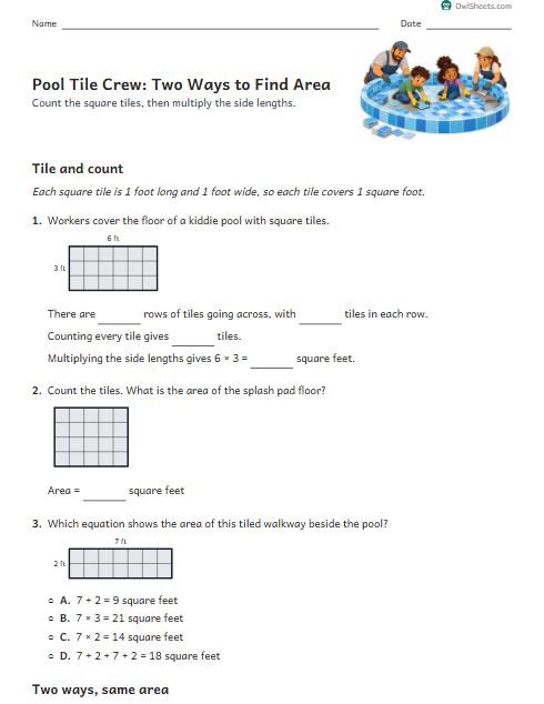 Pool Tile Crew: Two Ways to Find Area worksheet preview
