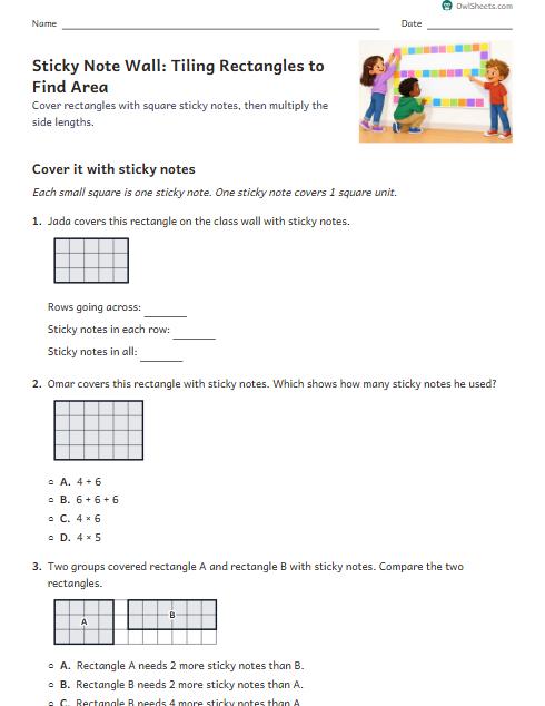 Sticky Note Wall: Tiling Rectangles to Find Area worksheet preview