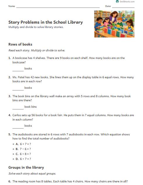 Story Problems in the School Library worksheet preview