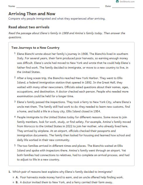 Arriving Then and Now worksheet preview
