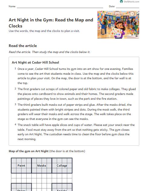 Art Night in the Gym: Read the Map and Clocks worksheet preview