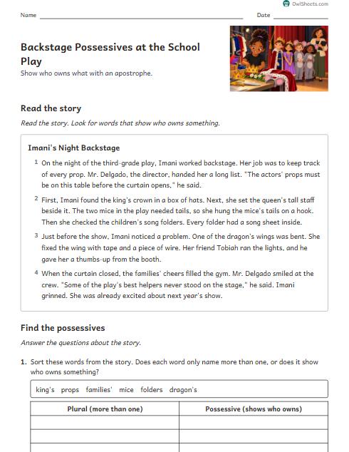 Backstage Possessives at the School Play worksheet preview