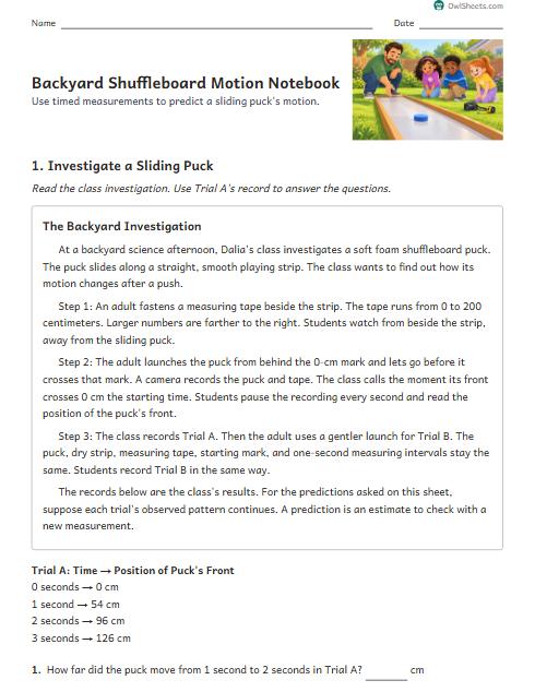 Backyard Shuffleboard Motion Notebook worksheet preview