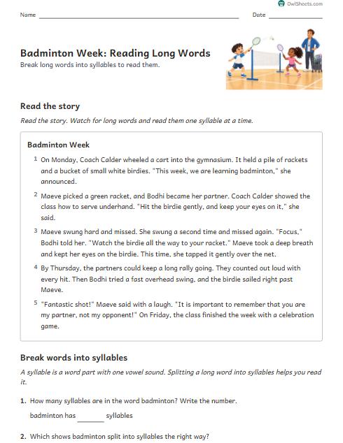 Badminton Week: Reading Long Words worksheet preview