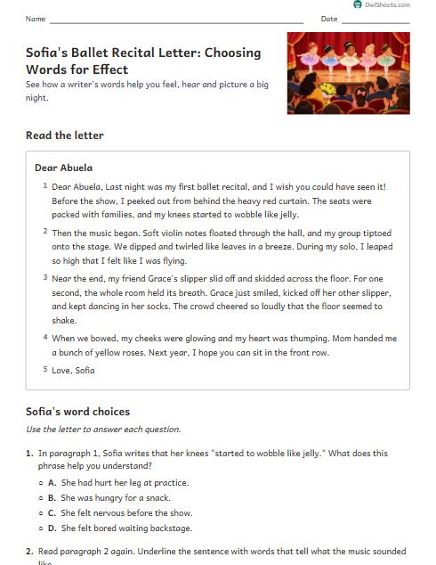Sofia's Ballet Recital Letter: Choosing Words for Effect worksheet preview