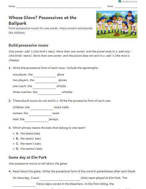 Whose Glove? Possessives at the Ballpark worksheet preview