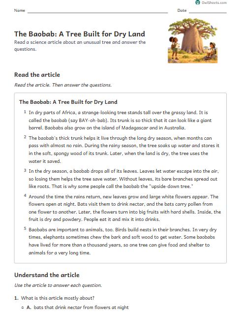 The Baobab: A Tree Built for Dry Land worksheet preview
