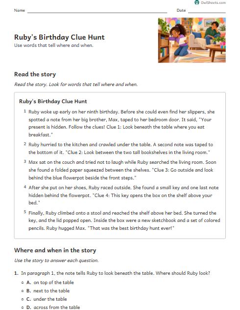 Ruby's Birthday Clue Hunt worksheet preview