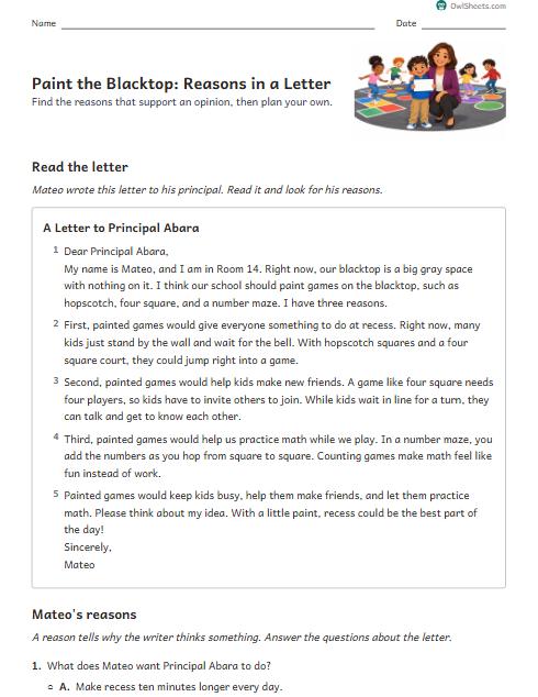 Paint the Blacktop: Reasons in a Letter worksheet preview