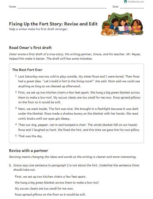 Fixing Up the Fort Story: Revise and Edit worksheet preview