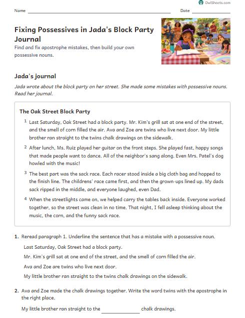 Fixing Possessives in Jada's Block Party Journal worksheet preview