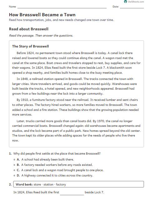 How Brasswell Became a Town worksheet preview