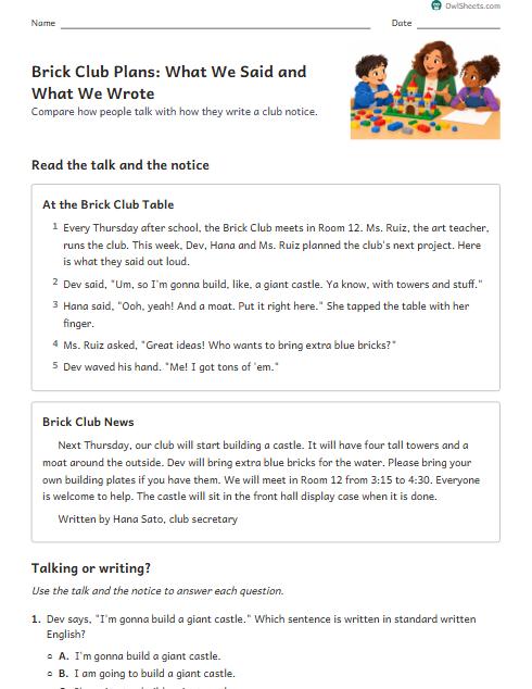 Brick Club Plans: What We Said and What We Wrote worksheet preview
