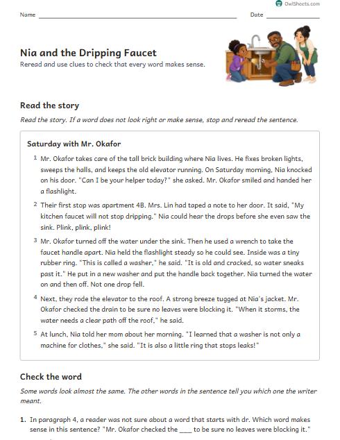Nia and the Dripping Faucet worksheet preview